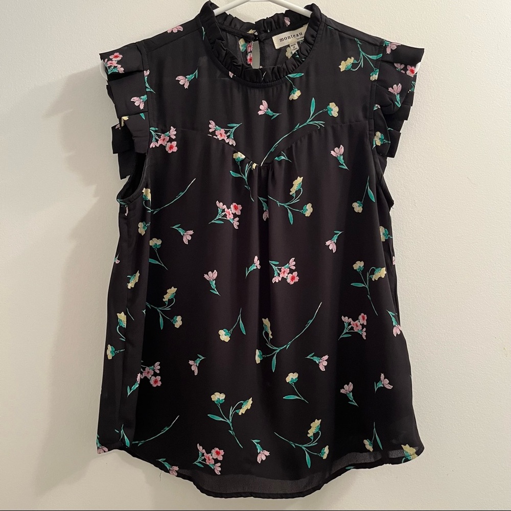 Monteau Black Floral Blouse with Ruffle Neck and Shoulder Details size S